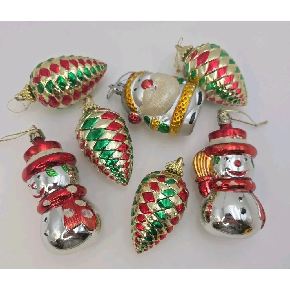 VTG Christmas Ornaments Lot 7Santa Snowman Pine Cone Red Green Gold Holiday